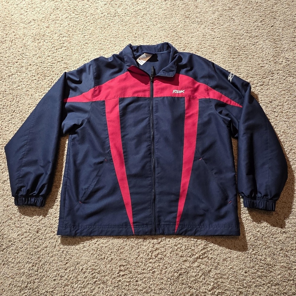 Reebok Jacket Mens XL Navy Red RBK Full‎ Zip Track Windbreaker Coat Athletic